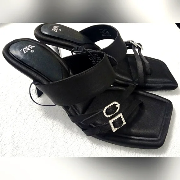 Zara Women's New, Heeled Black Mule Sandals With Rhinestone Buckles.  Size US 8 - Picture 2 of 11